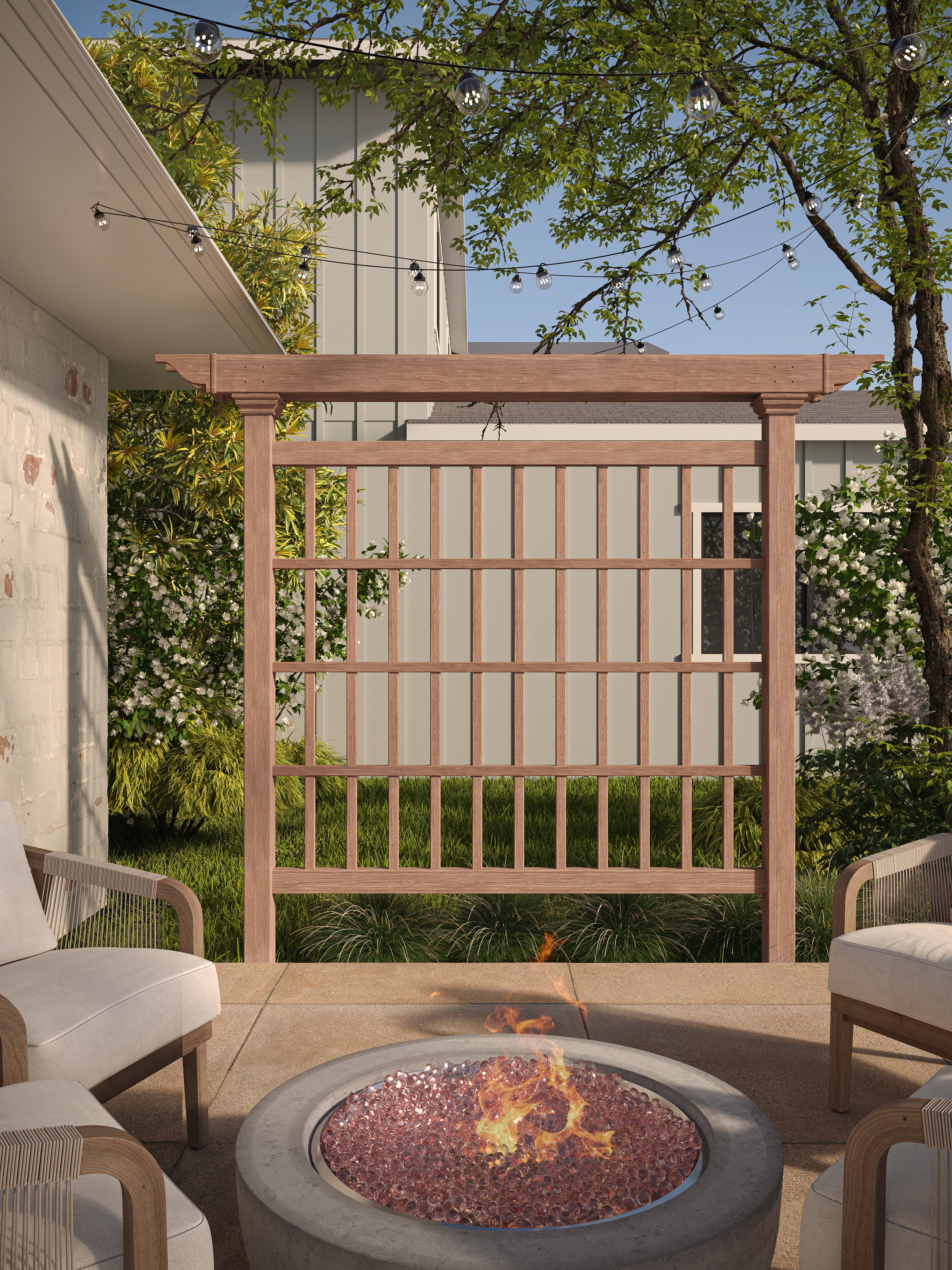 wood trellis screen Vita 80"L x 90"H Colonial Embossed Vinyl Privacy Screen, Brown, VA84051