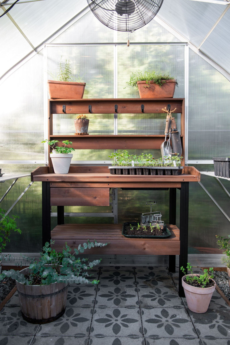 high bench over gas meter potted plants Cedar Potting Bench